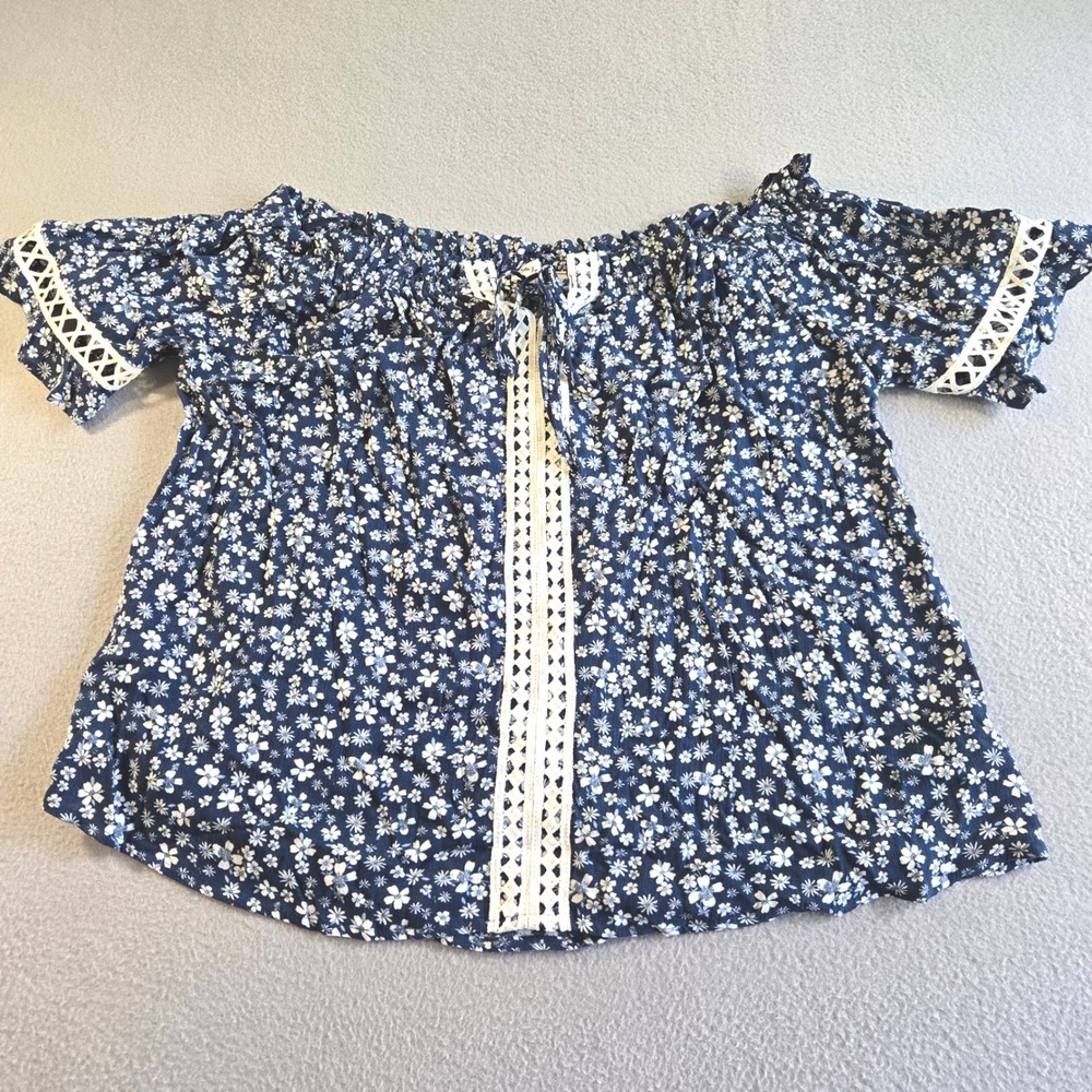 Impressions Floral Off Shoulder Top Womens 1X Navy Blue Crochet Lace Boho Blouse
